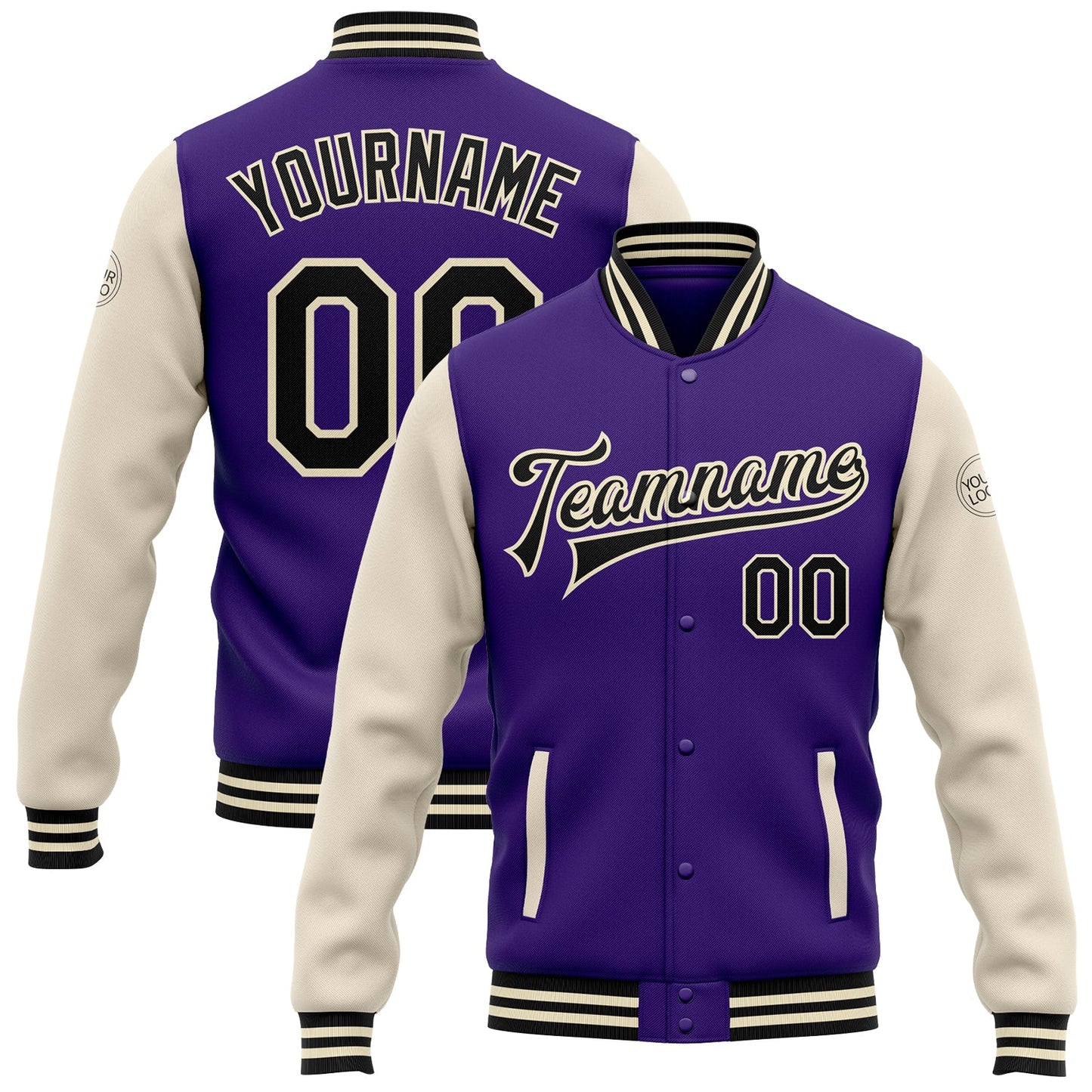 Custom Purple Black-Cream Bomber Full-Snap Varsity Letterman Two Tone Jacket - Main View
