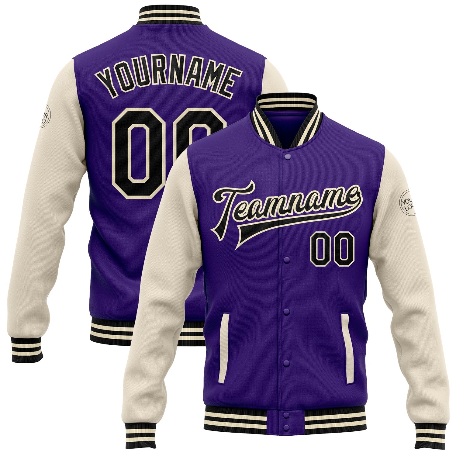 Custom Purple Black-Cream Bomber Full-Snap Varsity Letterman Two Tone Jacket - Main View