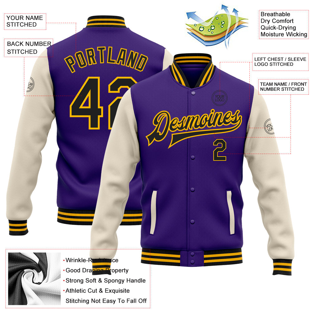 Custom Purple Black Cream-Gold Bomber Full-Snap Varsity Letterman Two Tone Jacket view 5