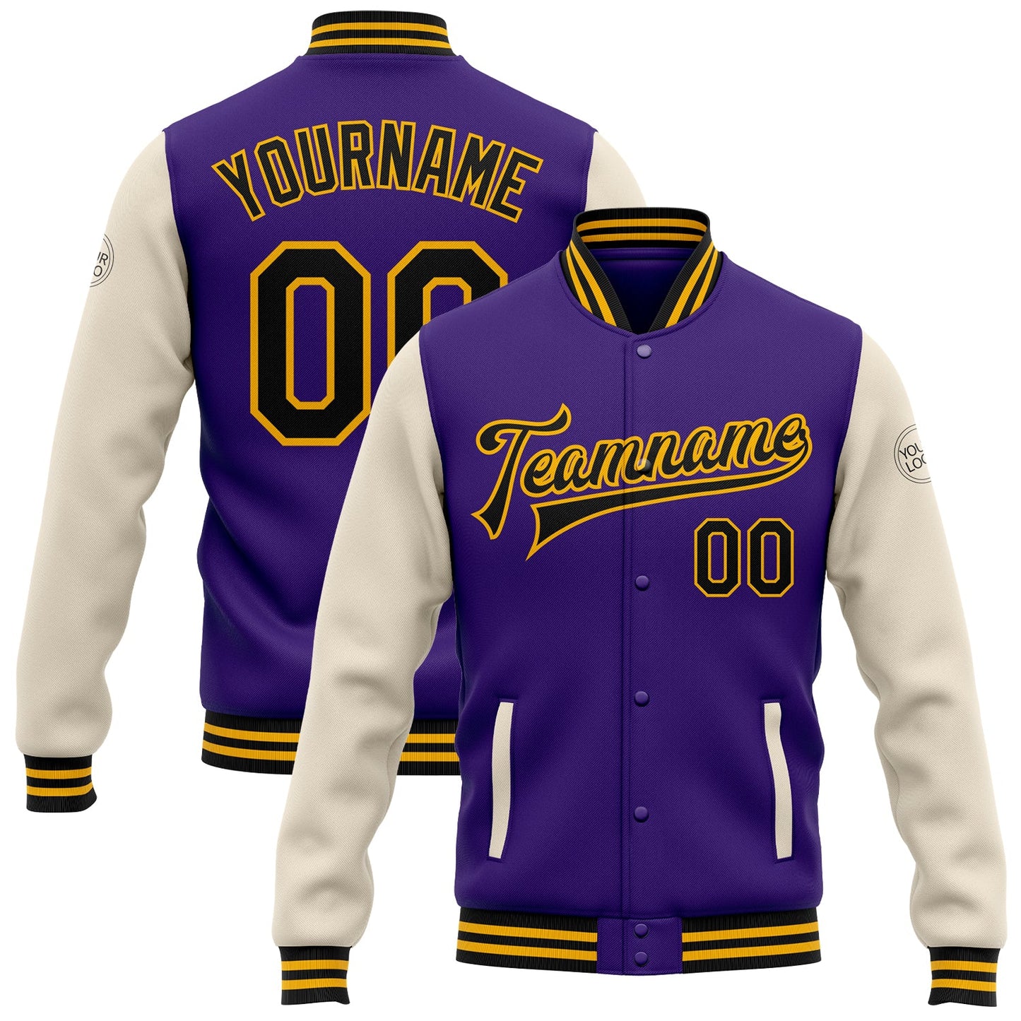 Custom Purple Black Cream-Gold Bomber Full-Snap Varsity Letterman Two Tone Jacket - Main View
