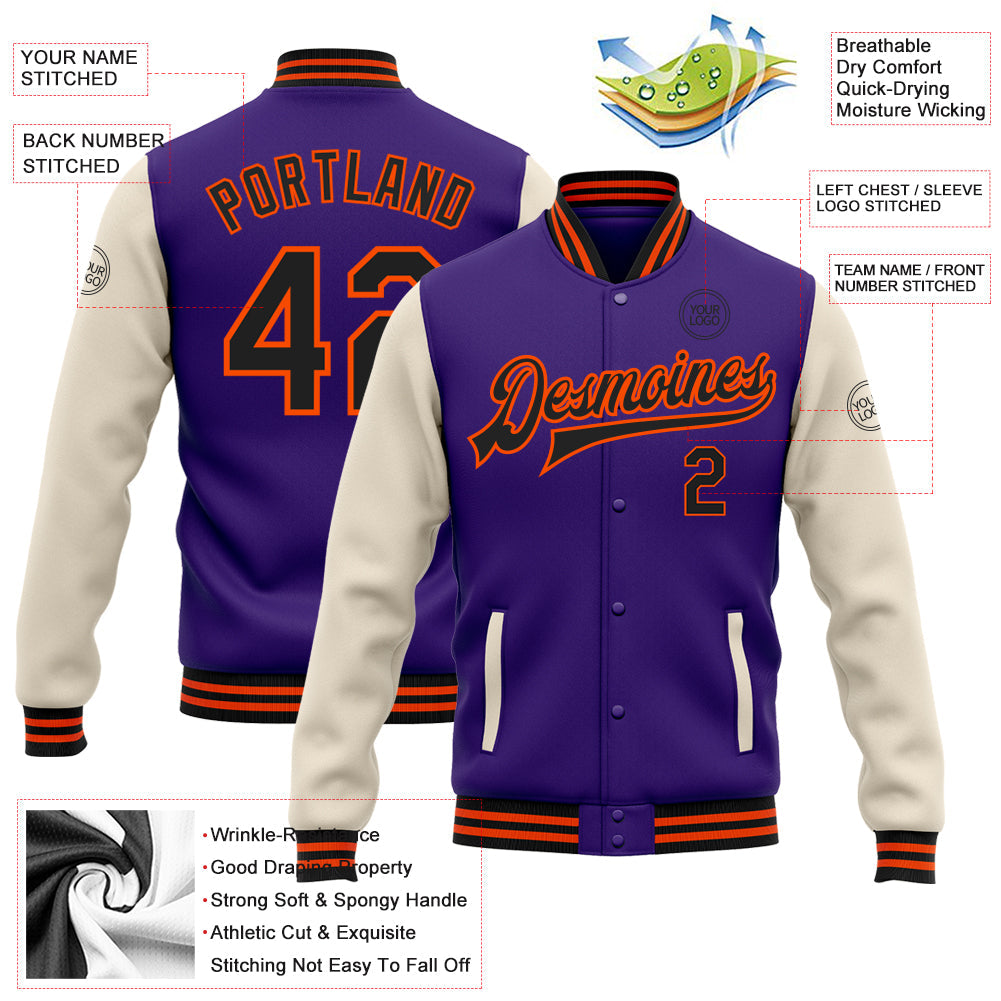 Custom Purple Black Cream-Orange Bomber Full-Snap Varsity Letterman Two Tone Jacket view 5