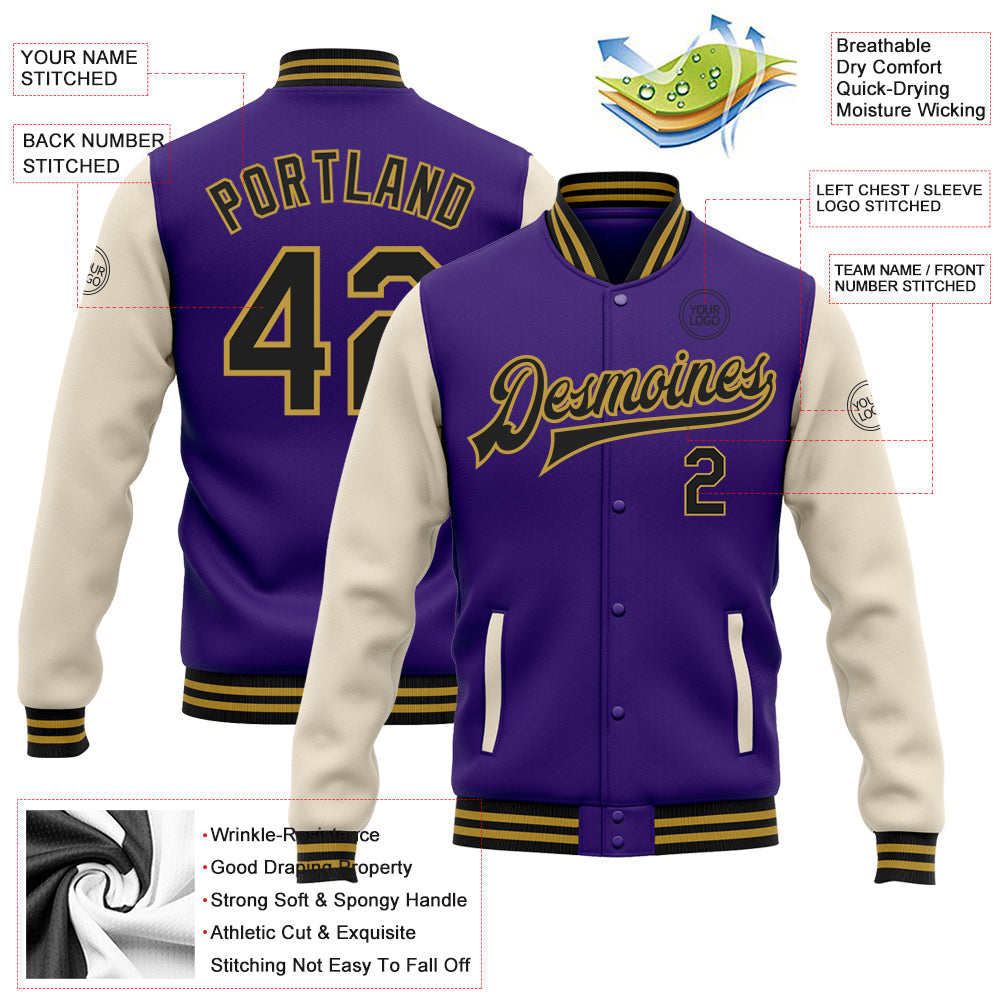 Custom Purple Black Cream-Old Gold Bomber Full-Snap Varsity Letterman Two Tone Jacket view 5