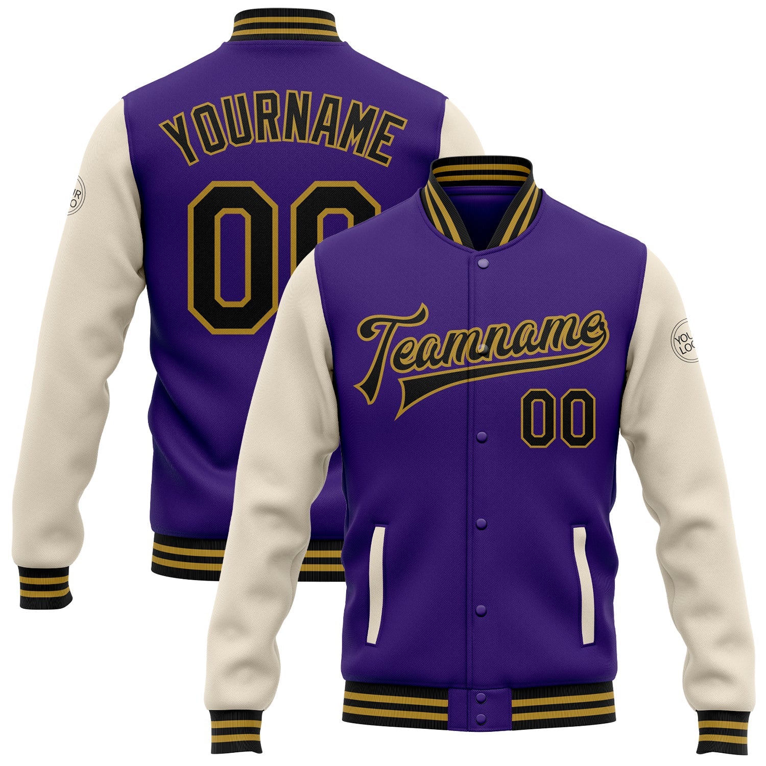 Custom Purple Black Cream-Old Gold Bomber Full-Snap Varsity Letterman Two Tone Jacket - Main View