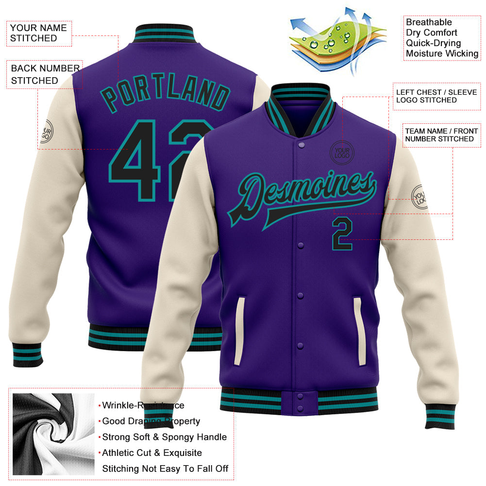 Custom Purple Black Cream-Teal Bomber Full-Snap Varsity Letterman Two Tone Jacket view 5