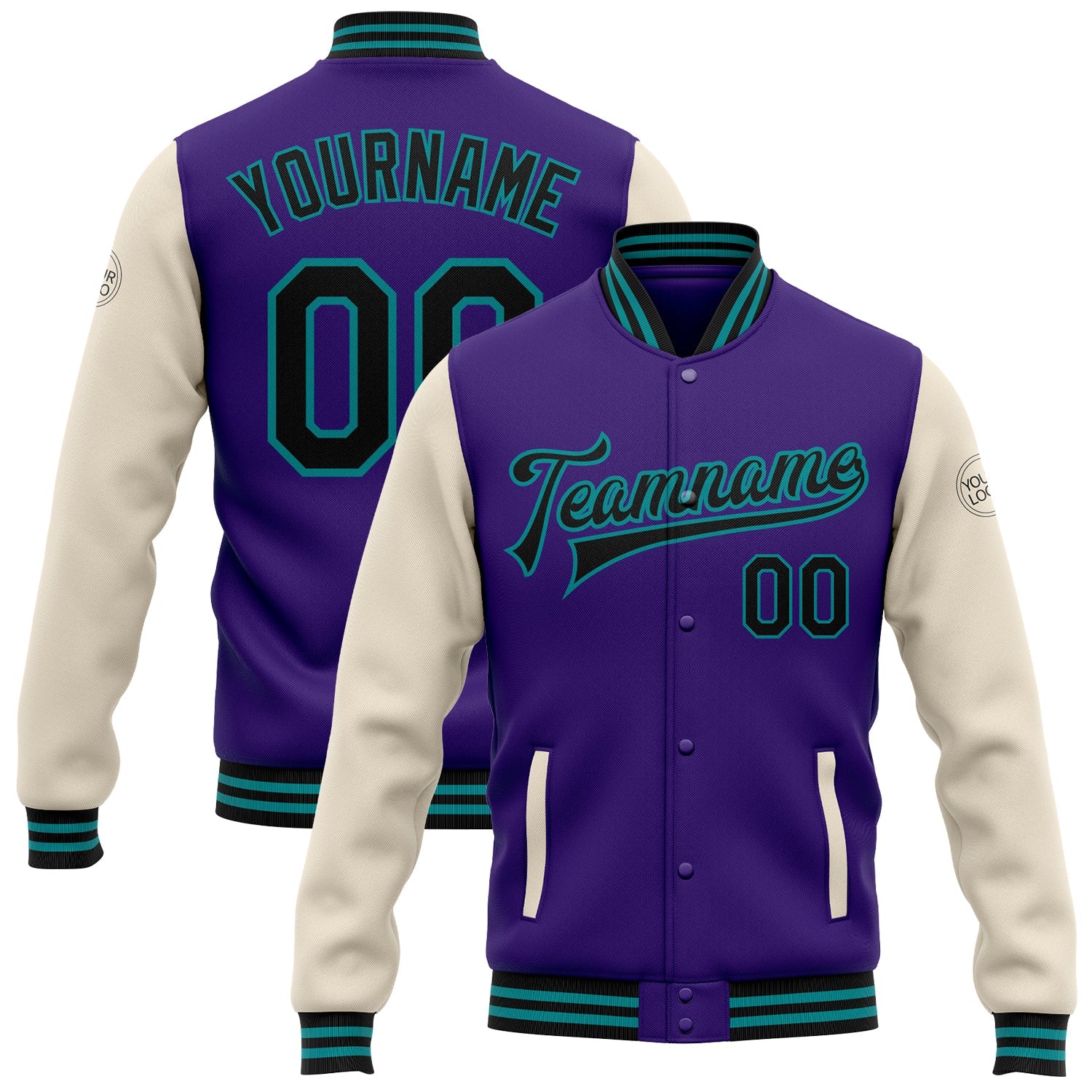 Custom Purple Black Cream-Teal Bomber Full-Snap Varsity Letterman Two Tone Jacket - Main View