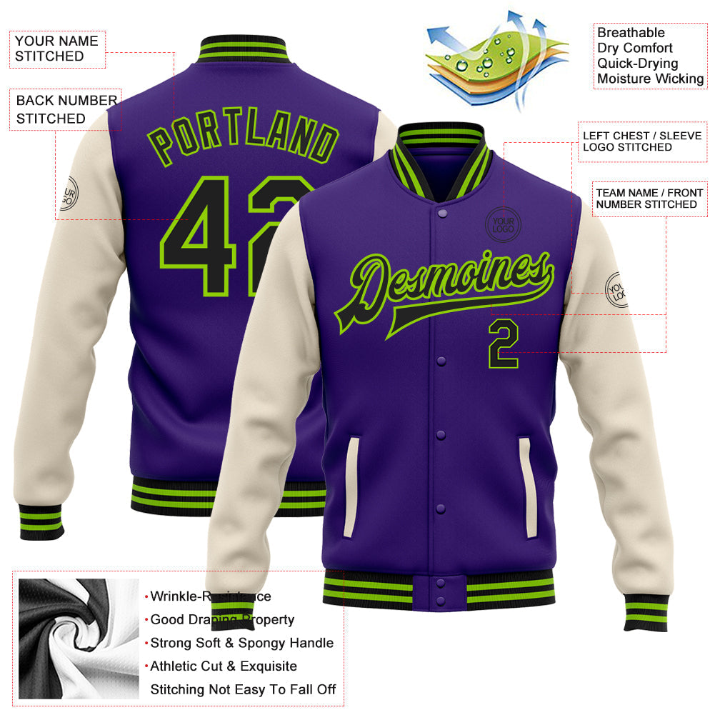 Custom Purple Black Cream-Neon Green Bomber Full-Snap Varsity Letterman Two Tone Jacket view 5