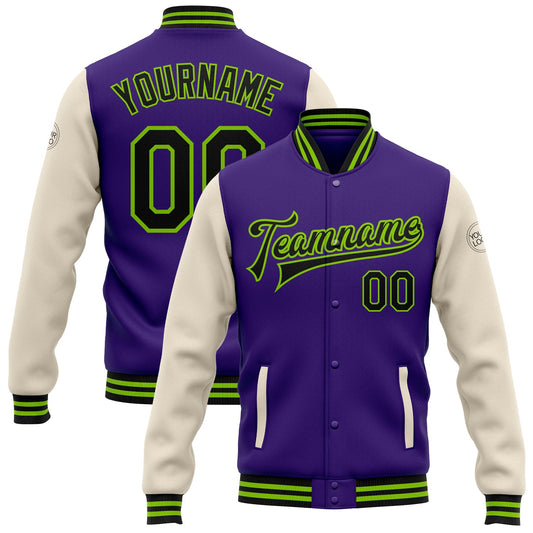 Custom Purple Black Cream-Neon Green Bomber Full-Snap Varsity Letterman Two Tone Jacket - Main View