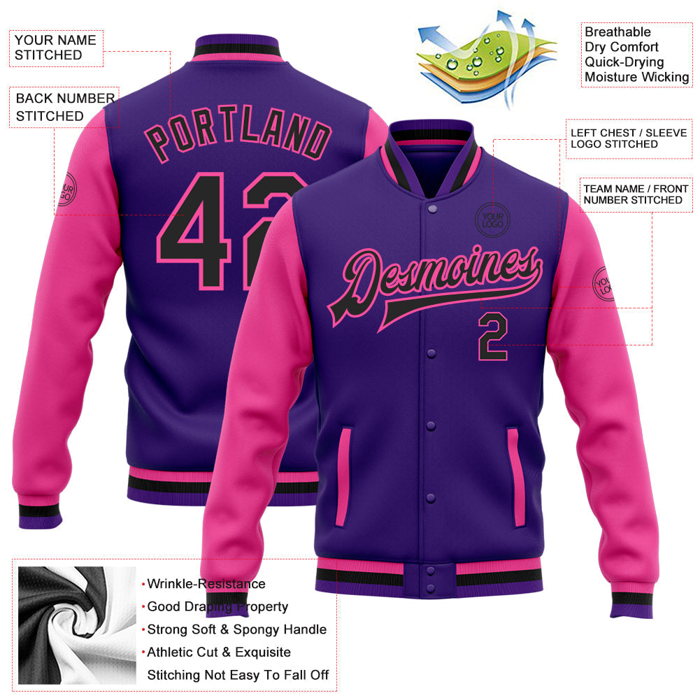 Custom Purple Black-Pink Bomber Full-Snap Varsity Letterman Two Tone Jacket view 5