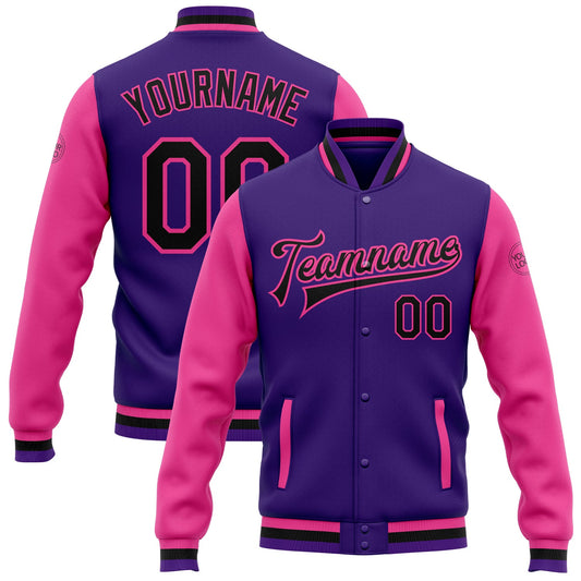 Custom Purple Black-Pink Bomber Full-Snap Varsity Letterman Two Tone Jacket - Main View