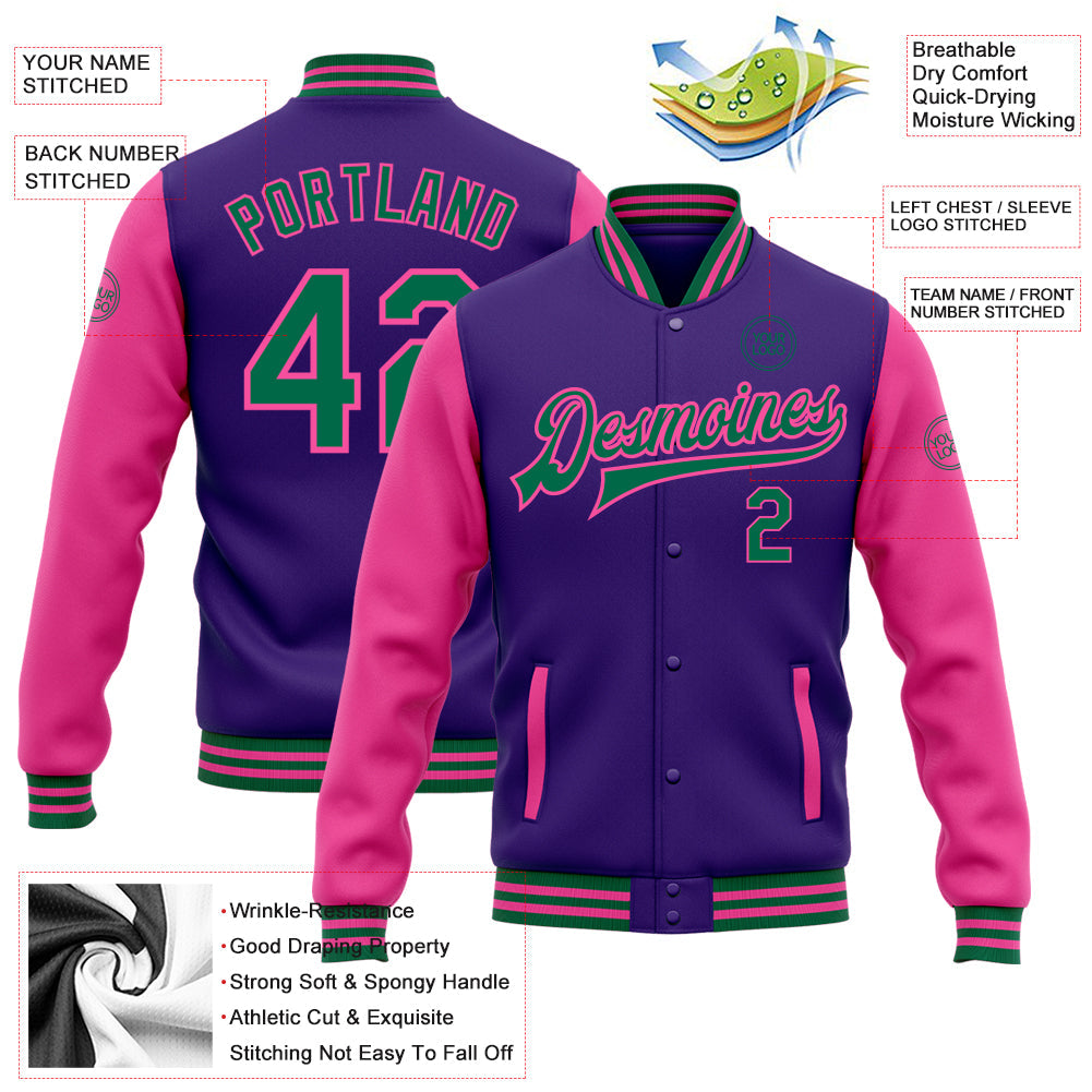 Custom Purple Kelly Green-Pink Bomber Full-Snap Varsity Letterman Two Tone Jacket view 5