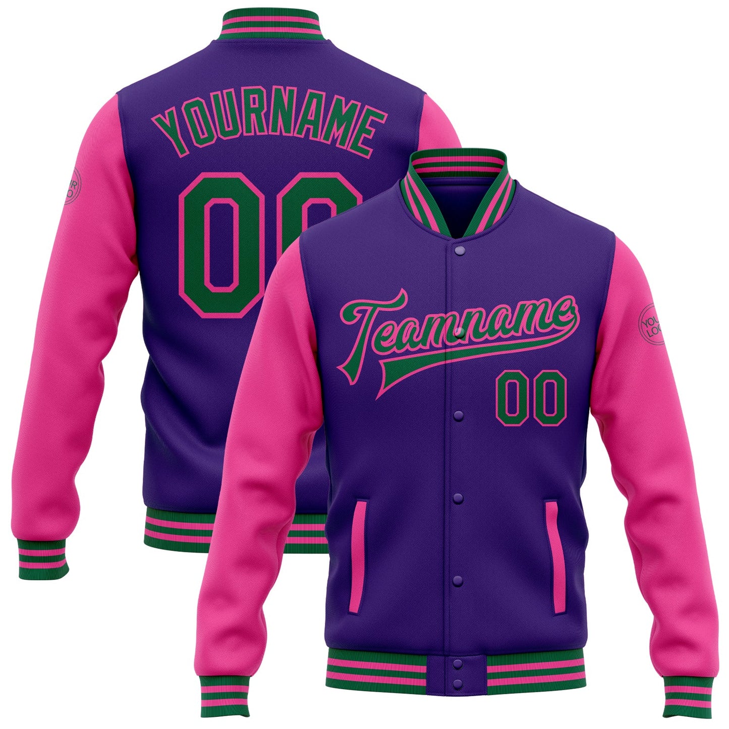 Custom Purple Kelly Green-Pink Bomber Full-Snap Varsity Letterman Two Tone Jacket - Main View