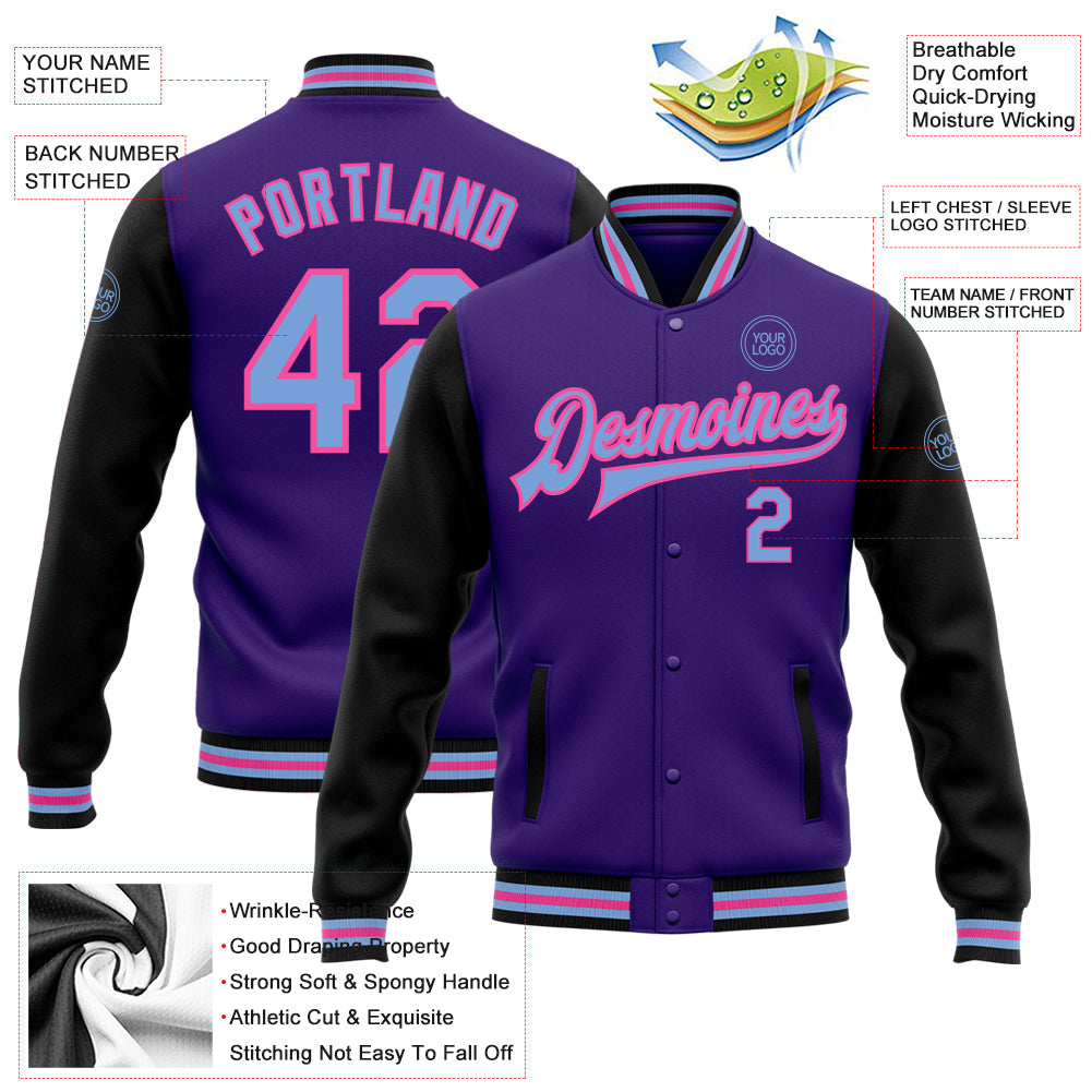 Custom Purple Light Blue Black-Pink Bomber Full-Snap Varsity Letterman Two Tone Jacket view 5