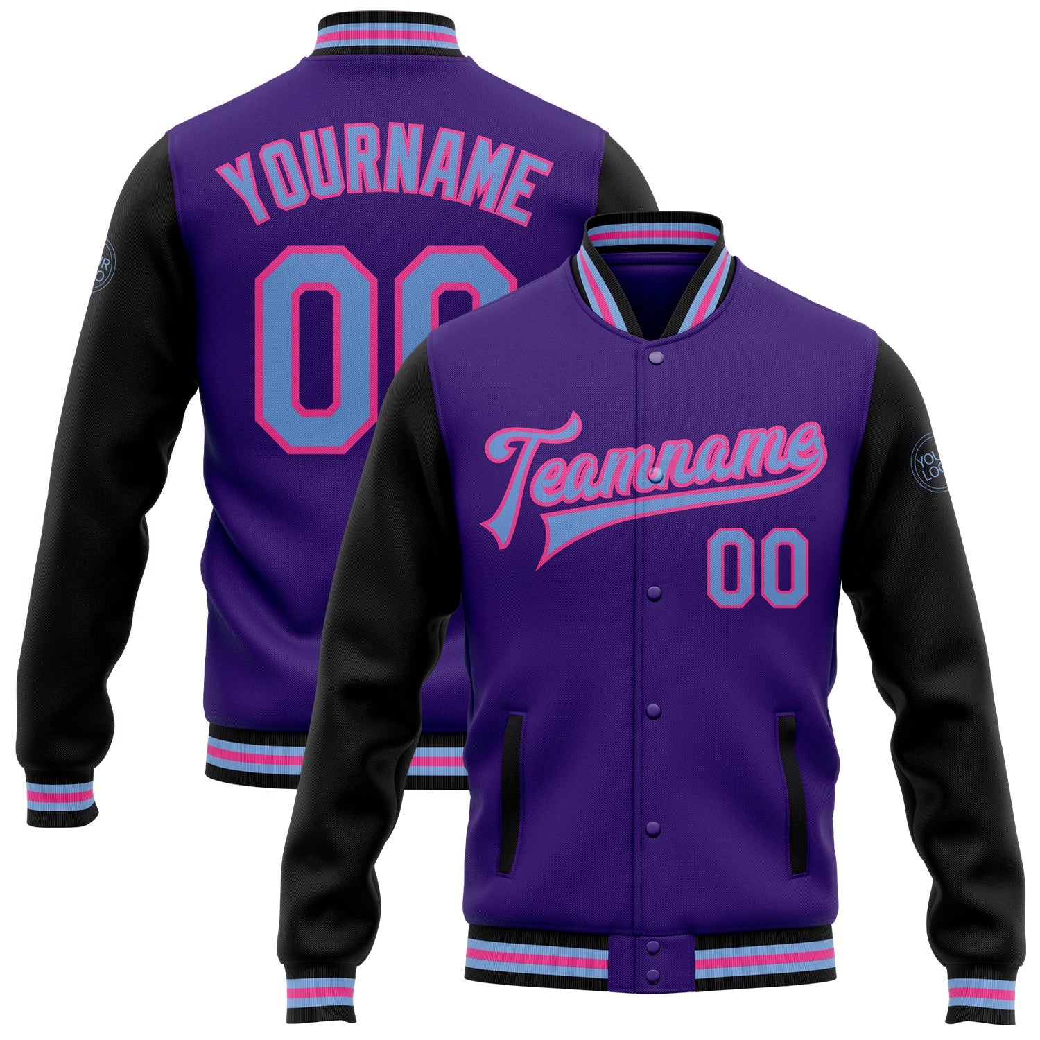 Custom Purple Light Blue Black-Pink Bomber Full-Snap Varsity Letterman Two Tone Jacket - Main View