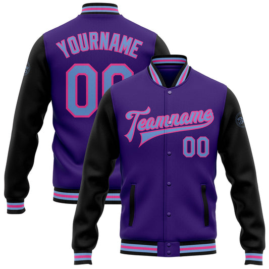 Custom Purple Light Blue Black-Pink Bomber Full-Snap Varsity Letterman Two Tone Jacket - Main View