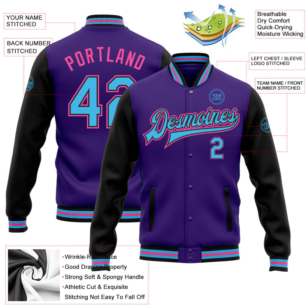 Custom Purple Sky Blue Black-Pink Bomber Full-Snap Varsity Letterman Two Tone Jacket view 5