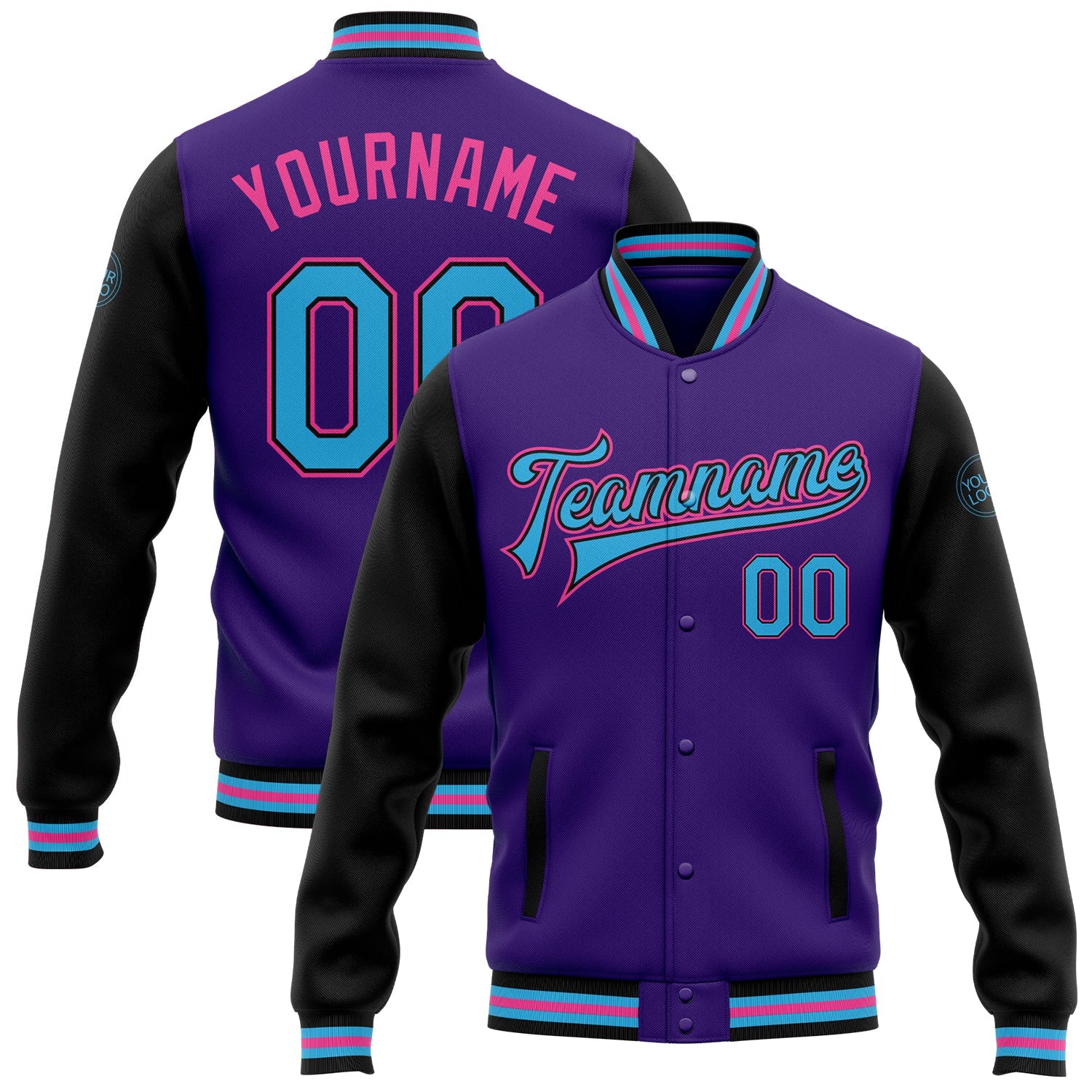 Custom Purple Sky Blue Black-Pink Bomber Full-Snap Varsity Letterman Two Tone Jacket - Main View