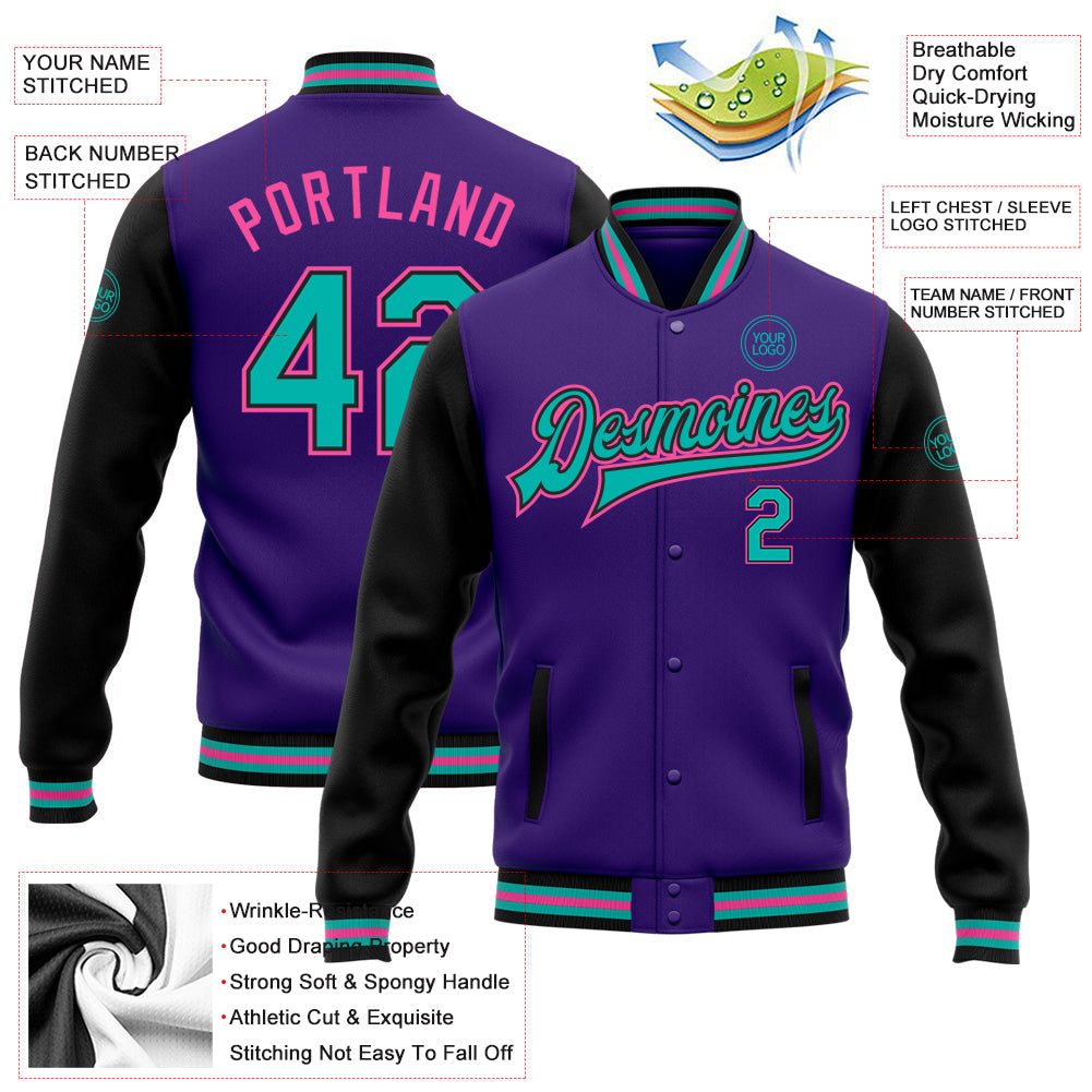 Custom Purple Aqua Black-Pink Bomber Full-Snap Varsity Letterman Two Tone Jacket view 5