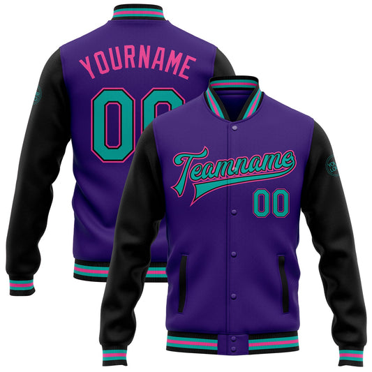 Custom Purple Aqua Black-Pink Bomber Full-Snap Varsity Letterman Two Tone Jacket - Main View