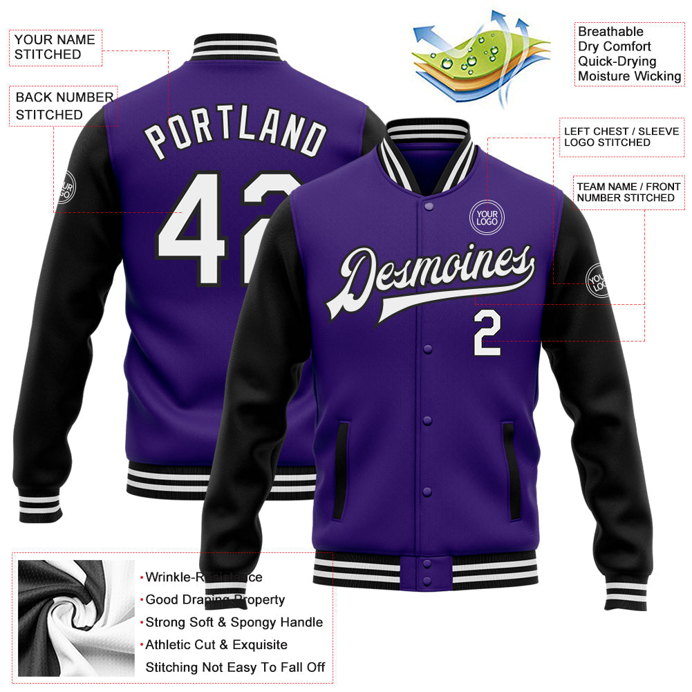 Custom Purple White-Black Bomber Full-Snap Varsity Letterman Two Tone Jacket view 5