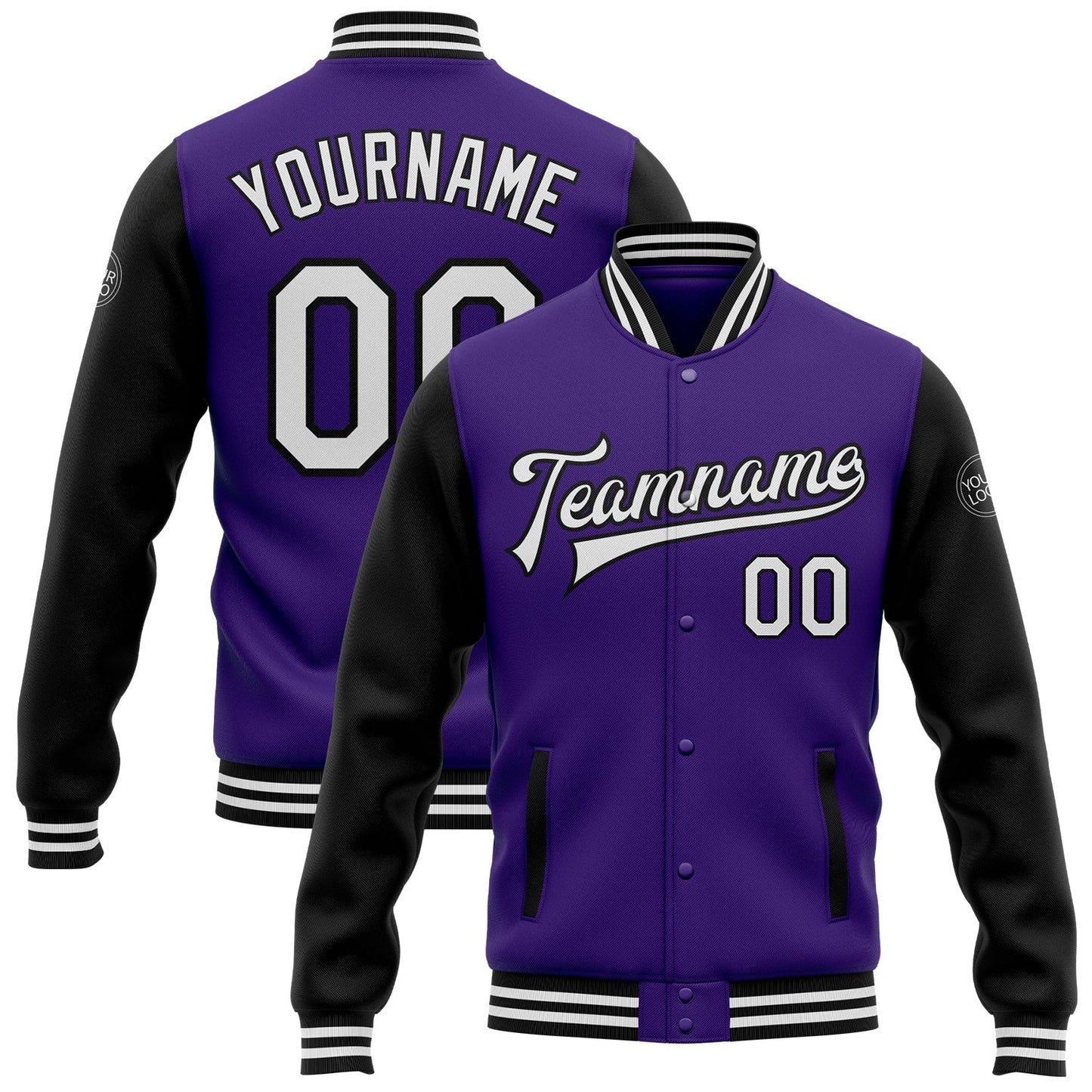 Custom Purple White-Black Bomber Full-Snap Varsity Letterman Two Tone Jacket - Main View