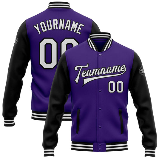 Custom Purple White-Black Bomber Full-Snap Varsity Letterman Two Tone Jacket - Main View