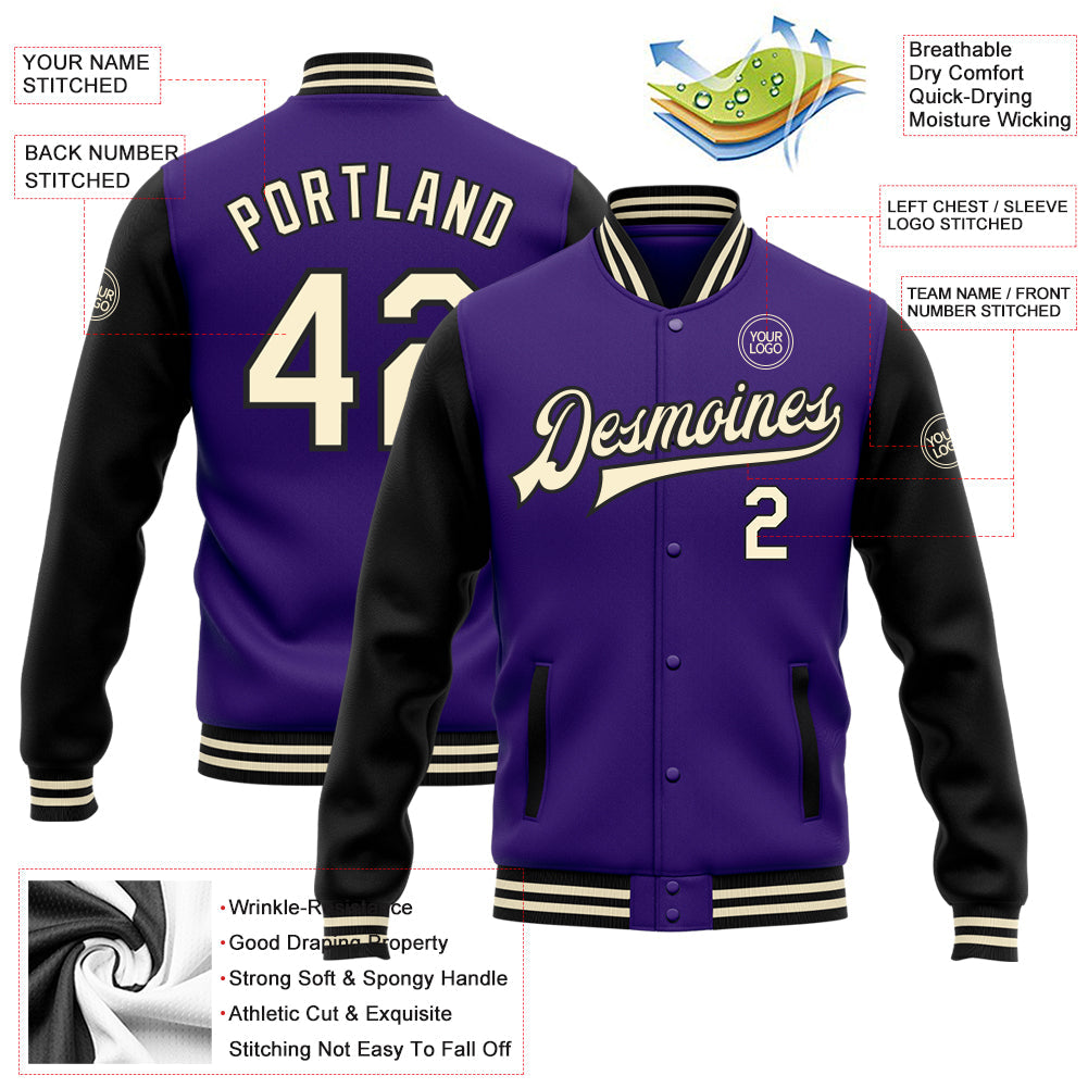 Custom Purple Cream-Black Bomber Full-Snap Varsity Letterman Two Tone Jacket view 5