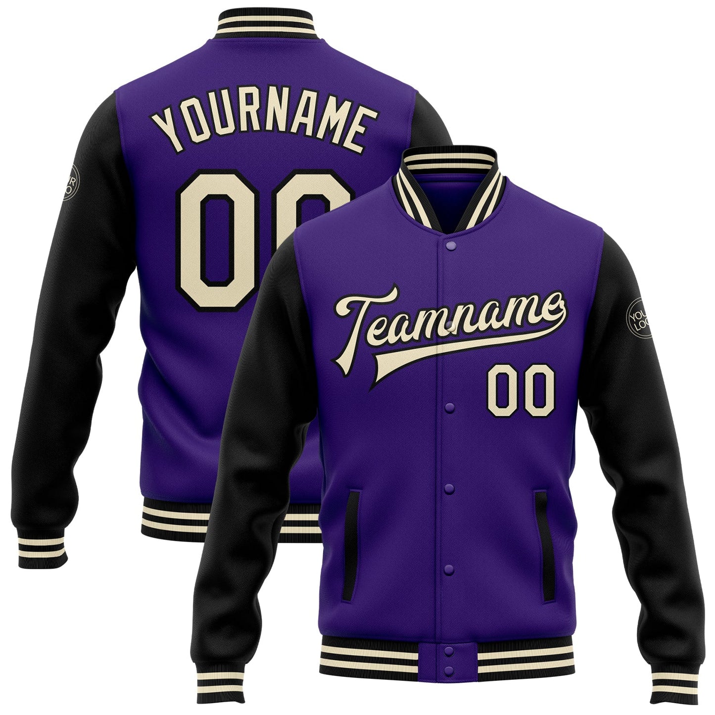 Custom Purple Cream-Black Bomber Full-Snap Varsity Letterman Two Tone Jacket - Main View