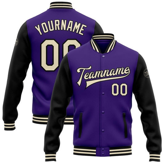 Custom Purple Cream-Black Bomber Full-Snap Varsity Letterman Two Tone Jacket - Main View