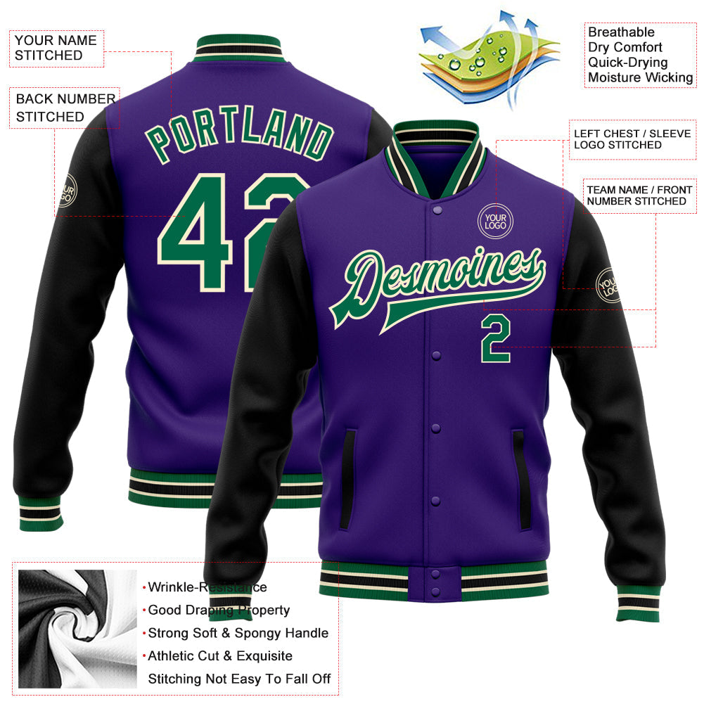 Custom Purple Kelly Green Black-Cream Bomber Full-Snap Varsity Letterman Two Tone Jacket view 5