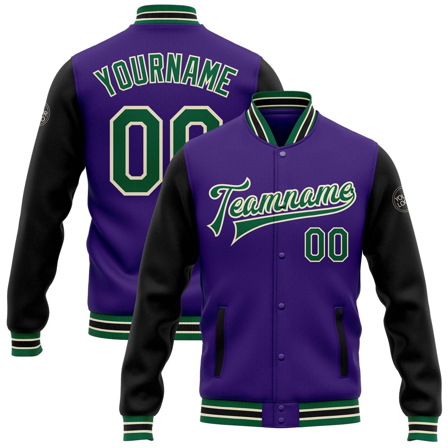 Custom Purple Kelly Green Black-Cream Bomber Full-Snap Varsity Letterman Two Tone Jacket - Main View