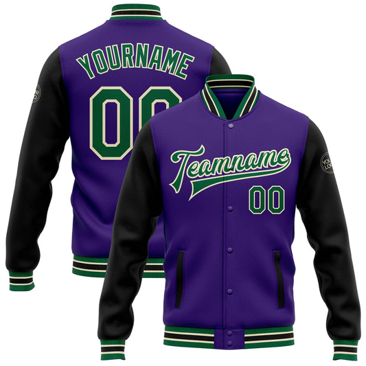 Custom Purple Kelly Green Black-Cream Bomber Full-Snap Varsity Letterman Two Tone Jacket - Main View