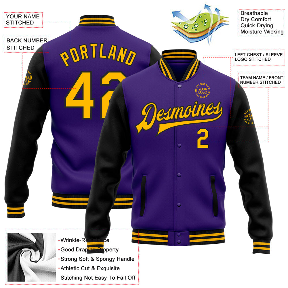 Custom Purple Gold-Black Bomber Full-Snap Varsity Letterman Two Tone Jacket view 5