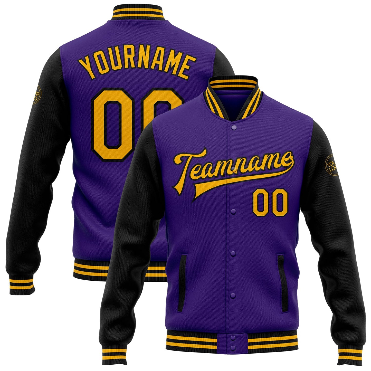 Custom Purple Gold-Black Bomber Full-Snap Varsity Letterman Two Tone Jacket - Main View