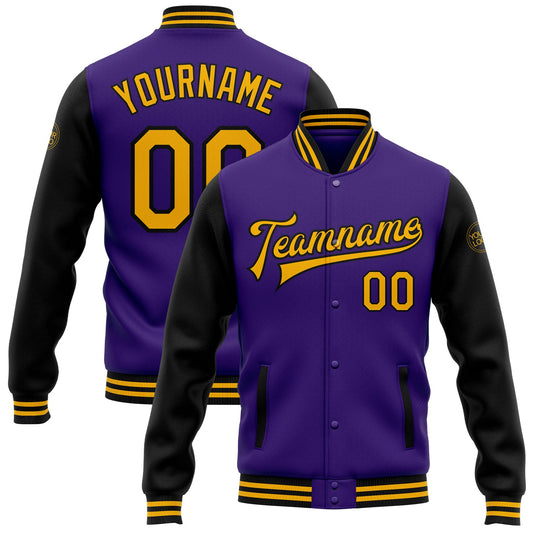 Custom Purple Gold-Black Bomber Full-Snap Varsity Letterman Two Tone Jacket - Main View