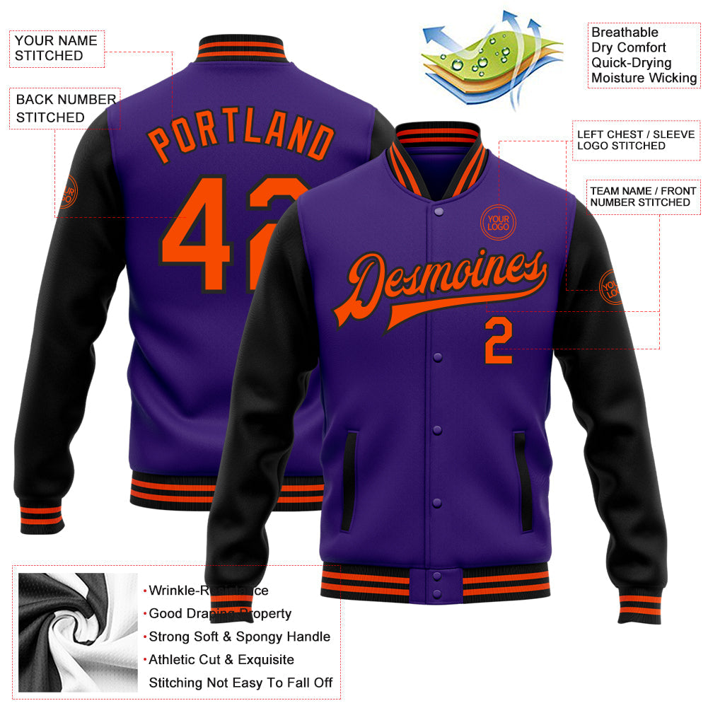 Custom Purple Orange-Black Bomber Full-Snap Varsity Letterman Two Tone Jacket view 5