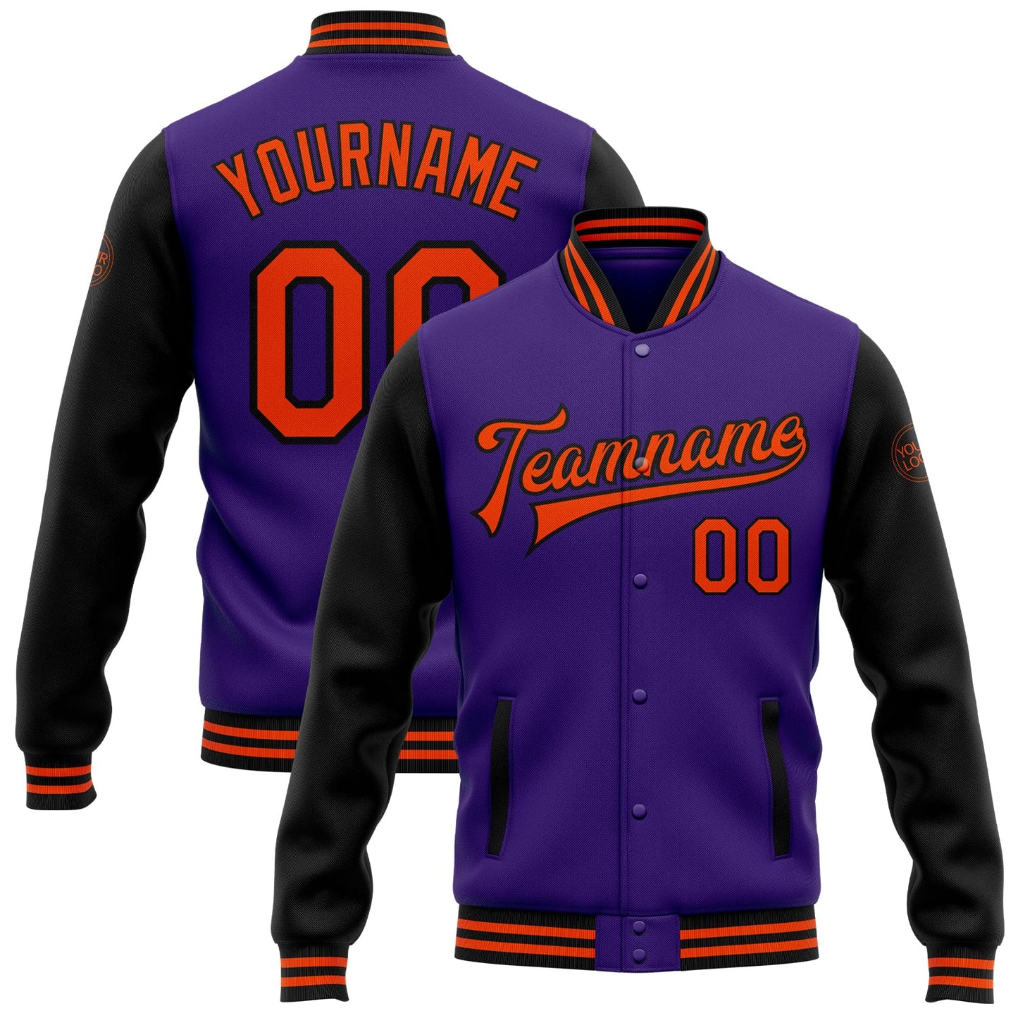 Custom Purple Orange-Black Bomber Full-Snap Varsity Letterman Two Tone Jacket - Main View