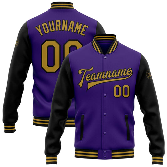 Custom Purple Old Gold-Black Bomber Full-Snap Varsity Letterman Two Tone Jacket - Main View