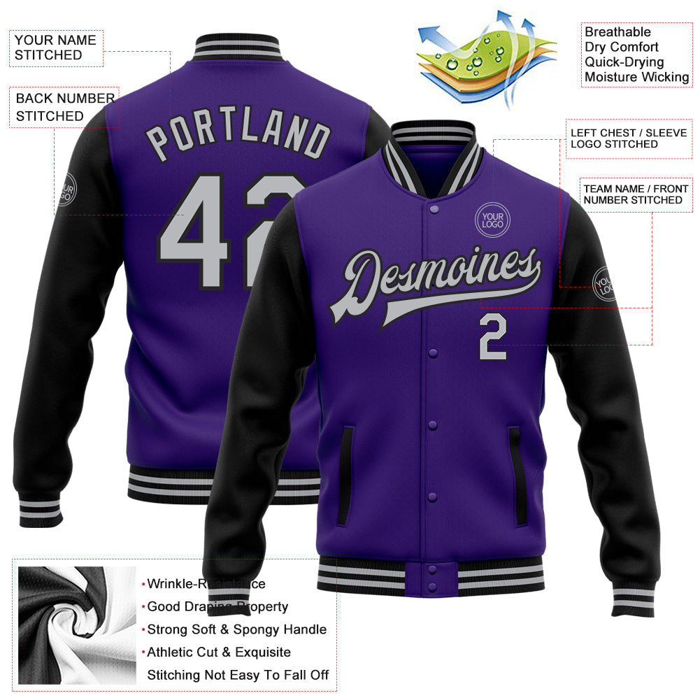 Custom Purple Gray-Black Bomber Full-Snap Varsity Letterman Two Tone Jacket view 5
