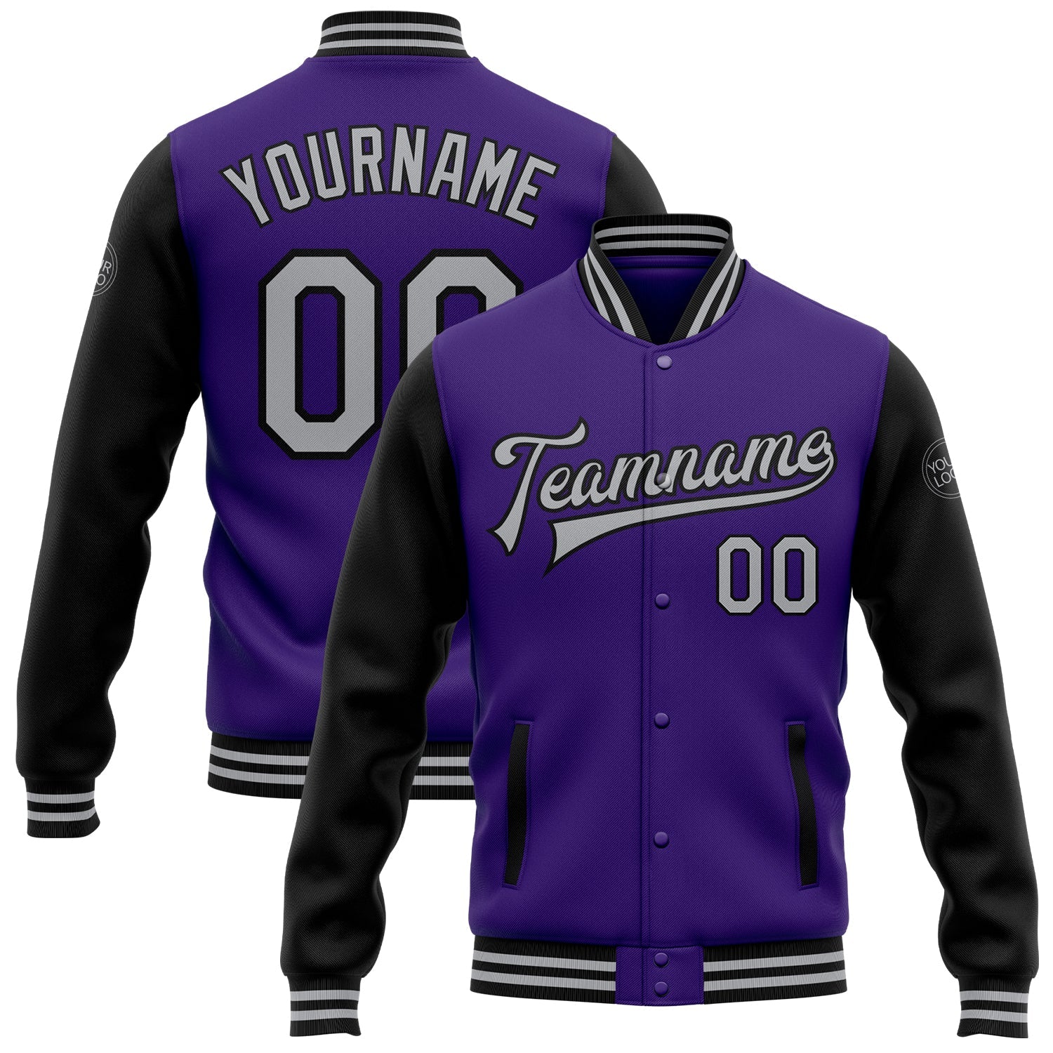 Custom Purple Gray-Black Bomber Full-Snap Varsity Letterman Two Tone Jacket - Main View