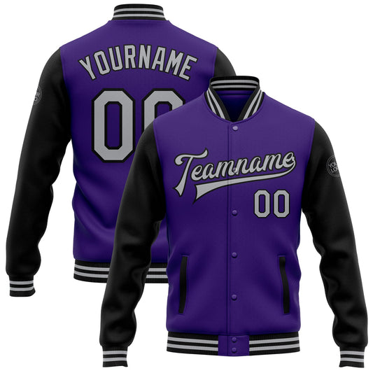 Custom Purple Gray-Black Bomber Full-Snap Varsity Letterman Two Tone Jacket - Main View
