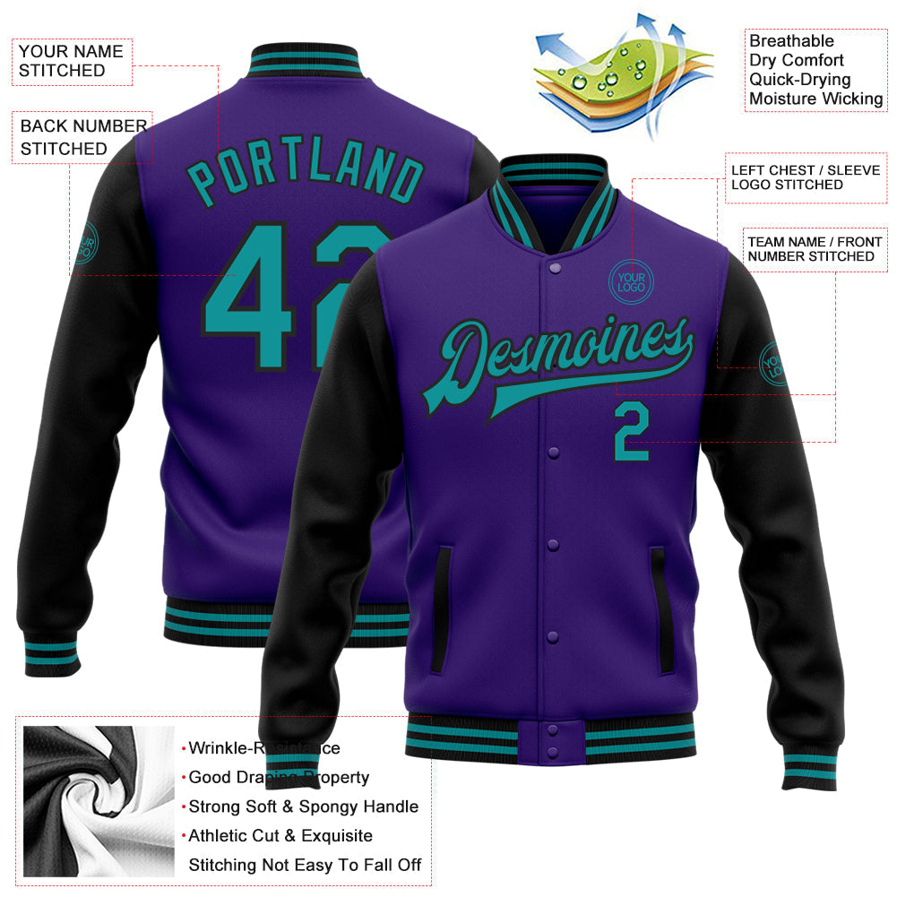 Custom Purple Teal-Black Bomber Full-Snap Varsity Letterman Two Tone Jacket view 5
