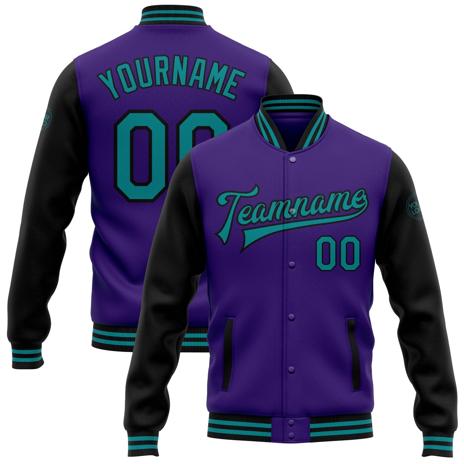 Custom Purple Teal-Black Bomber Full-Snap Varsity Letterman Two Tone Jacket - Main View