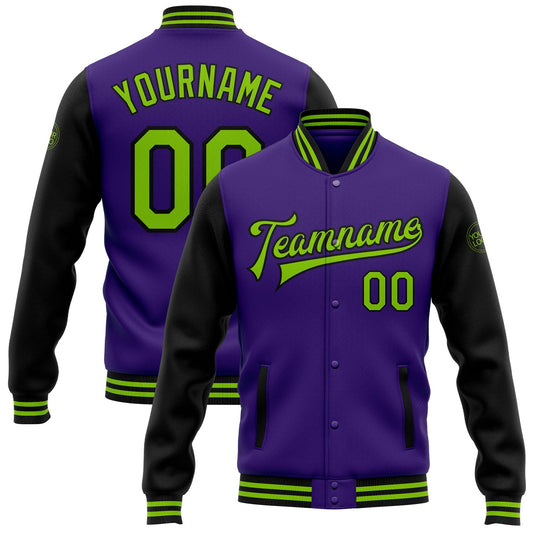 Custom Purple Neon Green-Black Bomber Full-Snap Varsity Letterman Two Tone Jacket - Main View