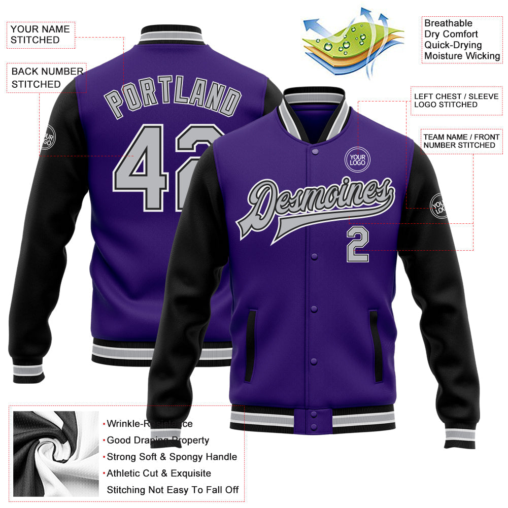 Custom Purple Gray Black-White Bomber Full-Snap Varsity Letterman Two Tone Jacket view 5