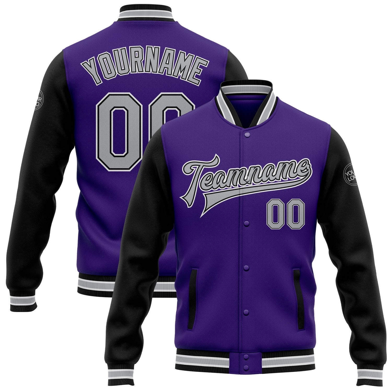 Custom Purple Gray Black-White Bomber Full-Snap Varsity Letterman Two Tone Jacket - Main View