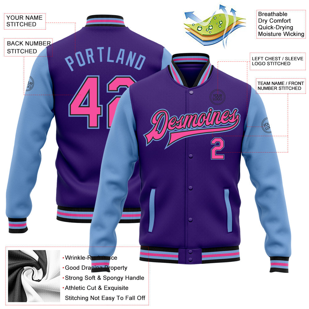Custom Purple Pink Light Blue-Black Bomber Full-Snap Varsity Letterman Two Tone Jacket view 5