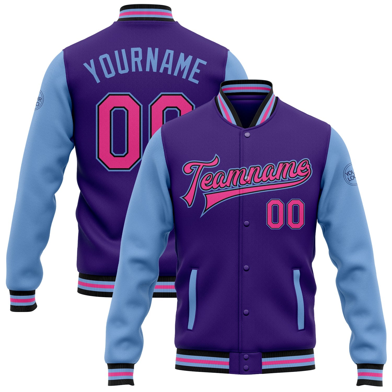 Custom Purple Pink Light Blue-Black Bomber Full-Snap Varsity Letterman Two Tone Jacket - Main View