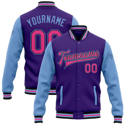 Custom Purple Pink Light Blue-Black Bomber Full-Snap Varsity Letterman Two Tone Jacket - Main View