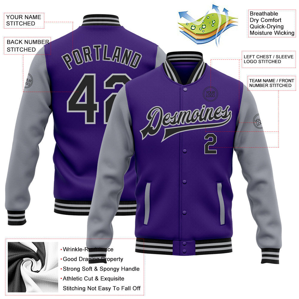 Custom Purple Black-Gray Bomber Full-Snap Varsity Letterman Two Tone Jacket view 5