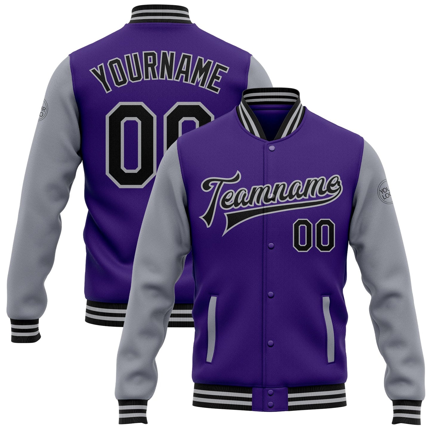 Custom Purple Black-Gray Bomber Full-Snap Varsity Letterman Two Tone Jacket - Main View